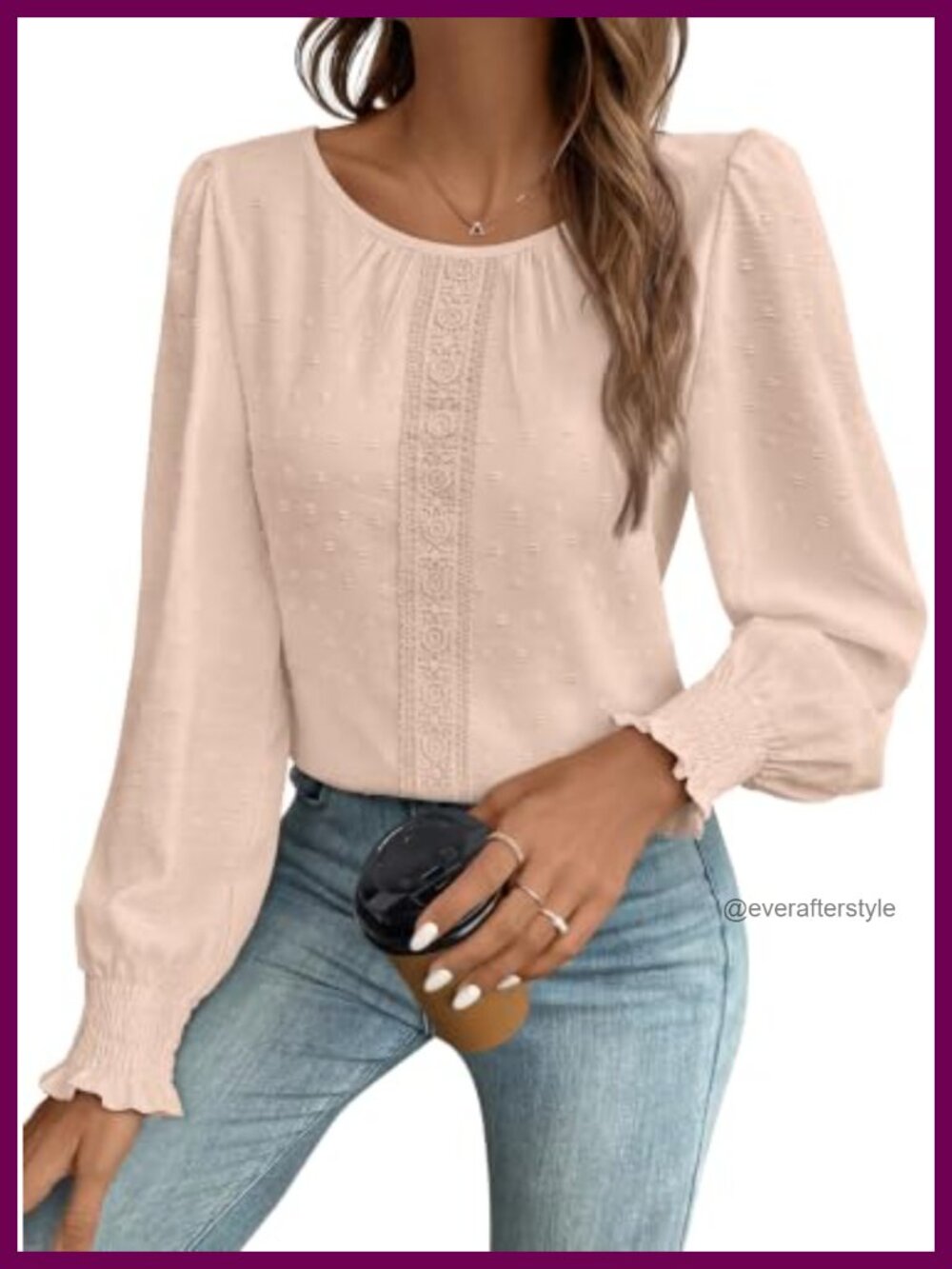 Womens Long Sleeve Swiss Dot Blouse Crochet Lace Pom Pom Dressy Casual Top